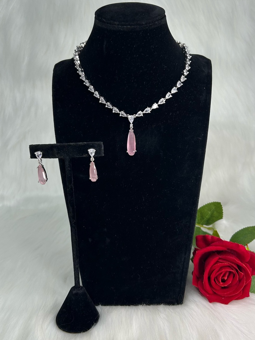 Pink Silver Ad Necklace and Earrings Set